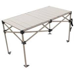 lot 15447 image: Portable Aluminum Roll-Top Camping Table plastic pieces between slats broken but still works and holds when set up