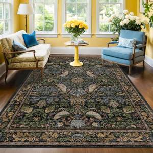 lot 1793 image: Washable 4x6 Area Rug for Living Room - Soft Moody Rug for Kitchen, Office, Large Entryway, Rustic Botanical Decor, Non-Slip Low Pile Dark Green and Brown Ultra Soft Bird Carpet