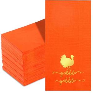 lot 2188 image: ��Quera 100 Pack Thanksgiving Guest Napkins Turkey Gold Foil Disposable Napkins Autumn Fall Harvest Paper Napkins Thanksgiving Dinner Party Supplies - Gobble�� 7.5 x 4.25 Inch