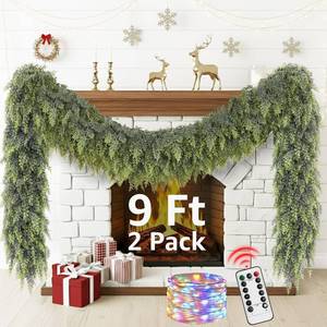 lot 2228 image: Cedar Christmas Garland with Lights for Mantle - 2 Pack Decorations 9ft Realistic Lighted Faux Pine Garlands for Xmas Home Decoration Indoor Stairs Railing Fireplace Outdoor Prelit Garland Door Decor