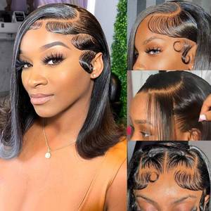 lot 2235 image: HIRIREMY Bob Wig Human Hair 13x4 HD Lace Frontal Short Straight Lace Front Bob Wigs for Black Women Human Hair Pre Plucked Glueless Side Part 180% Density Black Color 14 Inch