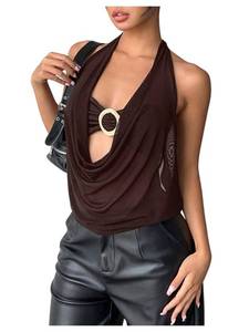 lot 2237 image: MakeMeChic Womens Mesh Tie Open Back Halter Tops Draped Y2k Tank with Metal Ring Bendeau Bra Brown X-Small