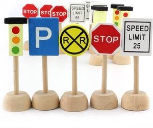 lot 2240 image: Attatoy Kids Wooden Street Signs Playset (14-Piece Set), Wood Traffic Signs Perfect for Car & Train Set