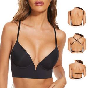 lot 2257 image: Low Back Bras-Seamless Deep-V Plunge Invisible Backless Bra-Underwire Lightly Lined Halter Multiway Low Cut Bra(Black, 38D)
