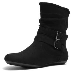 lot 2262 image: Herstyle Slouch Flat Ankle Booties for Women �� Short Boots with Buckle, Low Heel Side Zipper Fashion Booties for Fall Winter Walking, Black, Size 7.0, Lindell