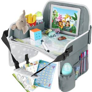 lot 2263 image: MENZOKE Kids Travel Tray for Toddler Car Seat, Toddler Gift for Boy Activities with Dry Erase Board & iPad Holder Stand, Road Trip Essentials Accessories Lap Tray for Boy as Birthday Gift, Grey