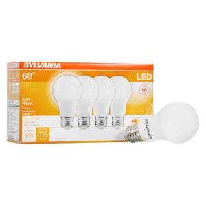 lot 2291 image: Sylvania LED Light Bulb, 60W Equivalent A19, Efficient 8.5W, Medium Base, Frosted Finish, 800 Lumens, Soft White - 4 Pack (73888)
