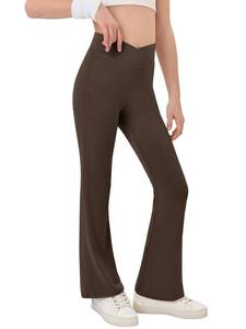 lot 4299 image: Haloumoning Girls Crossover High Waisted Flare Pants Kids Bootcut Leggings Full Length Bell Bottoms 5-14 Years Brown