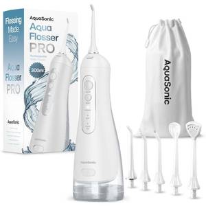 lot 4309 image: AquaSonic Aqua Flosser PRO - Rechargeable Cordless Water Flosser for Teeth, Gums & Tongue - Modern Design, 300ml Large Tank, 6 Jet Tips with Deluxe Tongue Nozzle, 3 Modes, Waterproof Optic White