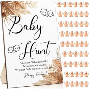 lot 4314 image: Roowest 51 Pieces Baby Shower Games Include Wooden Hunt Sign 50 Mini Plastic Baby Shower Games Gender Reveal Party Favors Prizes for Game(Boho Style)