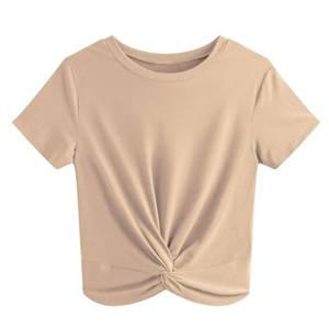 lot 4327 image: JINKESI Womens Summer Causal Short Sleeve Blouse Round Neck Crop Tops Twist Front Tee T-Shirt Khaki-Small