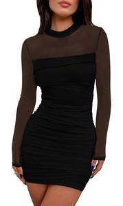 lot 4334 image: WIHOLL Womens Mesh Sheer Long Sleeve Ruched Mini Dress Fall Sexy Bodycon Little Short Mock Neck Date Night Outfits Holiday Formal Cocktail Party Club HOCO Dresses 2025 Black L
