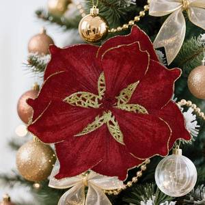 lot 4345 image: Alupssuc 16 PCS Poinsettia Christmas Flowers Artificial, Glitter Magnolia Poinsettia Flowers Artificial, Sparkling Christmas Decorations for Xmas Tree Party Wreath Fireplace, Burgundy