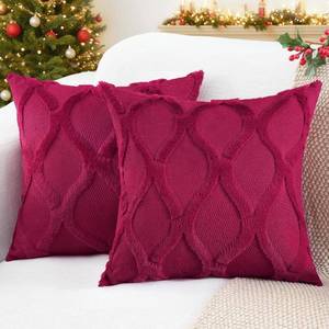 lot 4350 image: decorUhome Spring Throw Pillow Covers 18x18 Inch Set of 2, Soft Plush Faux Fur Wool Burgundy Couch Pillow Covers, Decorative Neutral Pillow Cases for Bed Sofa Living Room Home Decor