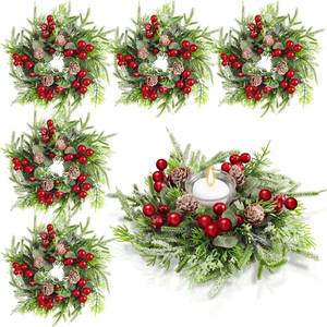 lot 5506 image: Lyrow 8 Pcs Christmas Candle Rings Wreath Xmas Kitchen Cabinet Mini Wreath Artificial Berries Snowy Pine Candle Ring Holder for Christmas Chandelier Home Table Centerpiece Indoor Decor