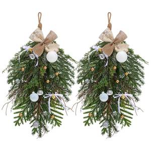 lot 5507 image: Chuangdi 2 Pcs Christmas Teardrop Swag with Clusters Burlap Bow Farmhouse Christmas Ball and Faux Cypress Needles Teardrop Wreath for Xmas Door Fireplace Indoor Outdoor Vintage Decor