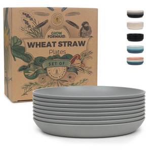 lot 5515 image: Grow Forward Premium Wheat Straw Dessert Plates - 8 Inch Reusable Hard Plastic Plates Set of 8 - Unbreakable Microwave Safe Plates for Dinner, Camping, RV, Outdoors, Patio, Kitchen Dishes - Feather