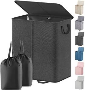 lot 5531 image: Lifewit Double Laundry Hamper with Lid and Removable Laundry Bags, Large Collapsible 2 Dividers Dirty Clothes Basket with Handles for Bedroom, Laundry Room, Closet, Bathroom, College, 136L Black