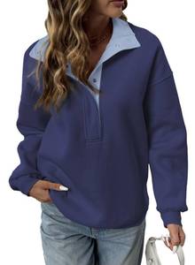 lot 6134 image: BLENCOT Mock Neck Sweatshirt for Women Oversized Fleece Casual Button Henley Neck Sweater Pullover Long Sleeve Tops Athleisure Outfits Dirty Blue Medium