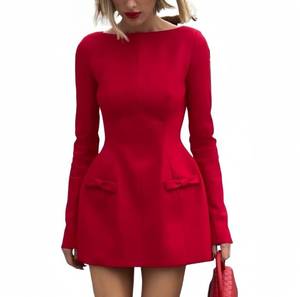 lot 6143 image: QNI Elegant Red Dress - Long Sleeve Mini A Line Bow Corset for Women - Holiday (Red, M, Medium)