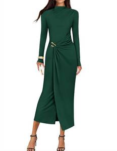 lot 6148 image: ZESICA Womens 2026 Spring Long Sleeve Bodycon Dress Mock Neck Wedding Guest Cocktail Party Long Midi Dresses Green Small
