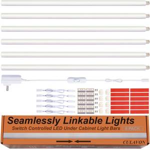 lot 6156 image: CULAVON Under Cabinet Lights, Plug in, Seamlessly Linkable 12 Inch, 6 BarsSwitchExtensions, Under Counter Lighting for Kitchen, Closet, Gun Safe, Shelf, Display Case, LED 3000k Warm White