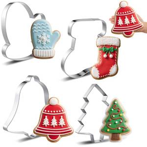 lot 6165 image: Teenyyou 4 Pcs Large Christmas Cookie Cutters 7.5 Stainless Steel Metal Cookie Molds for Xmas Holiday Creative Baking Delights(Gloves, Socks, Christmas Tree, Bells)