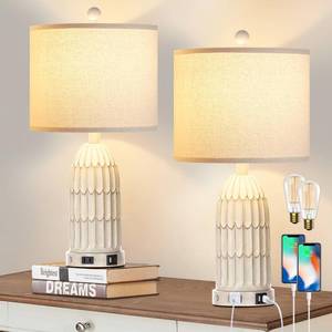lot 7000 image: Cinkeda Farmhouse Table Lamps Set of 2, 3-Way Dimmable Touch Lamp for Bedroom Nightstand with USB AC Ports & AC Outlet, White Vintage Boho Bedside Lamp for Living Room End Table (Bulbs Included)