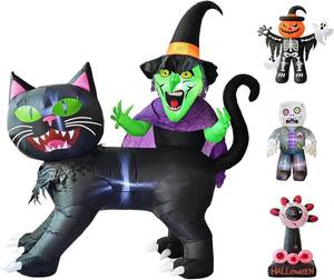 lot 7004 image: LANGXUN 8ft Witch Riding Black Cat 2025 Halloween Inflatable Decoration - Giant Blow-Up Yard Decor with LED Lights for Outdoor Lawn, Garden, Patio Cute Skeleton Ghost Hoilday Yard Party Decor
