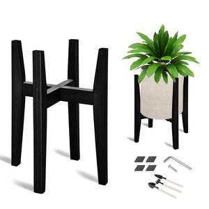 lot 7013 image: OERGKE Adjustable Plant Stand Indoor, Bamboo Mid Century Modern Plants Stands, Corner Flower Holder for Living Room, Fits 8 to 12 Inches Pots, (Pot & Plant Not Included)(Black, 1 Pack)