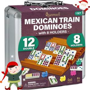 lot 7017 image: Queensell Mexican Train Dominoes Set with 8 Holders - Wooden Hub and Tiles Holders - Double 12 Tiles with Dots (D12  8 Holders)