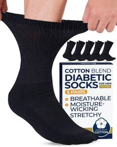 lot 7021 image: Pembrook Cotton Diabetic Socks for Men - 5 Pairs Crew Diabetic Socks for Men Size 13-15, 9-12, Non-Binding & Moisture-Wicking, Black