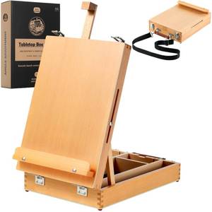 lot 7025 image: Beechwood Tabletop Easel for Painting, Portable Adjustable Sketchbox Art Easel Stand with Detachable Strap for Beginners and Art Lovers