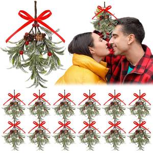 lot 7054 image: XunYee 12 Pcs Valentines Day Mistletoe Decorations with Bow, Artificial Glitter Mistletoe Picks Hanging Kitchen Cabinet Valentined Decorations for Tree Home Door Wall Holiday Party(Pine Cone, Berry)