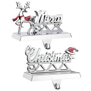 lot 7058 image: SMINDER Merry Christmas Stocking Holders Set of 2 - Christmas Reindeer Mantle Stocking Hangers -Stocking Holders for Mantle- Weighted Shiny Silver Metal Deer Home Holiday D�cor