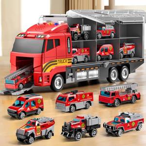 lot 7066 image: NIPLOOOW Toddler Boys Toys for 3-5 Years Old, Fire Truck Vehicle Set with Play Mat and Die-Cast Toy Car, Transport Carrier Truck for Kids 3-5, Birthday Gifts Toys for 3-8 Year Old Boys