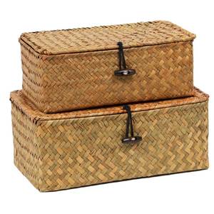 lot 7068 image: Set of 2 Wicker Basket with Lid, Seagrass Woven Basket for Storage, Decorative Storage Baskets Bins for Organizing Home