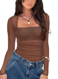 lot 8069 image: AGECODE Womens Sexy Square Neck Long Sleeve Bodysuit Sheer Mesh Ruched Body Suits Going Out Tops Brown Medium