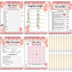 lot 8071 image: Yinder 145 Pcs Baby Shower Games Activities Cards with 20 Pencils Includes Baby Bingo Description and Wishes Guess Who Price is Right Word Scramble Game(Pink Rose Gold)