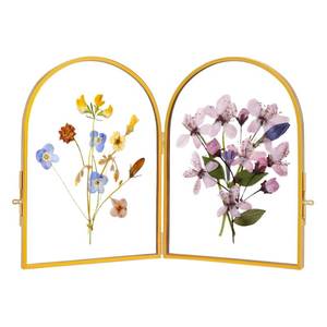 lot 8084 image: REDHUGO Double Glass Frame for Pressed Flowers Handmade, Pressed Flower Frame, Hinged Tabletop Brass Photo Frames, Dried Flower Display Folding Picture Frame for Home, ArcShaped, Gold, 4�6 Inches