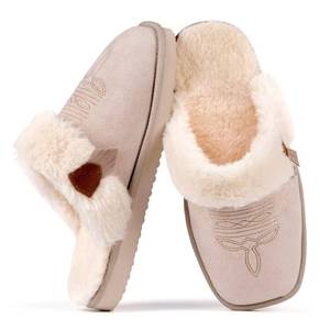lot 8091 image: OOW Fuzzy House Slippers for Women with Memory Foam Comfy Bedroom Cozy Fluffy Western Cowgirl Boot Slippers Indoor Outdoor Square Toe