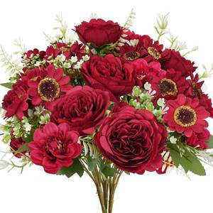 lot 8093 image: HUAESIN Artificial Christmas Flowers Silk Dahlias Peonies Bouquets Mixed Red Sunflowers 15 Winter Flowers Arrangements Christmas Cemetery Flowers for Grave Home Table Centerpieces Indoor Xmas Decor
