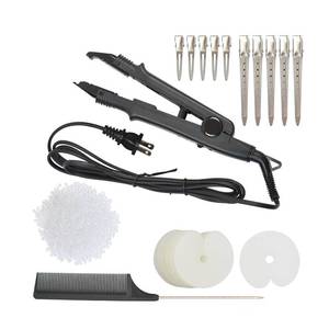 lot 8119 image: Hair Extensions Tool Kits with Fusion Heat Iron Connector Wand US Plug 50 Pcs Single Hole Heat Shield Guards 10 Pcs Hair Clips 50g Keratin Beads (Black A Head)