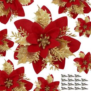 lot 8138 image: Childom 15 PCS Red Poinsettia Flower Artificial Poinsettias With Clips Christmas Decorations Glitter Poinsettia Christmas Ornaments Xmas Tree Flower Decor with Stems DIY Xmas Wreath Home Holiday Party
