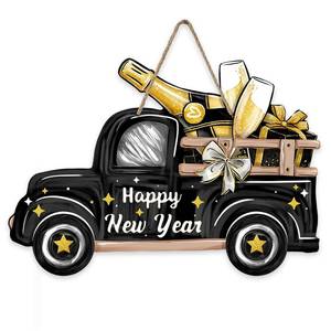 lot 8152 image: Deroro Happy New Year 2026 Black Gold Truck Front Door Sign, Christmas Champagne Wood Door Hanger Outdoor Outside Porch Decor, Winter Holiday Party Wooden Wreath Indoor Wall Hanging Decoration