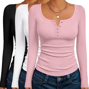 lot 8164 image: Ekouaer Womens Long Sleeve Shirts 3 Packs Fall Henley Tops Casual Stretch Base Layering Fashion Trendy Outfits BlackWhitePink (3pcs) M