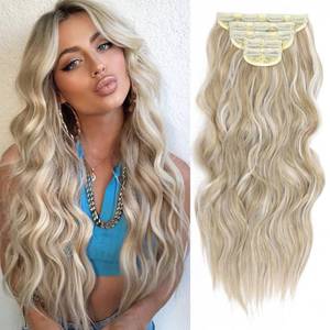 lot 8180 image: WOKAA Long Wavy Synthetic Clip in Hair Extensions 20 Inch Ash Golden Blonde mix Platinum Blonde 5PCS Soft Hairpieces Thick Hair Extensions for Women