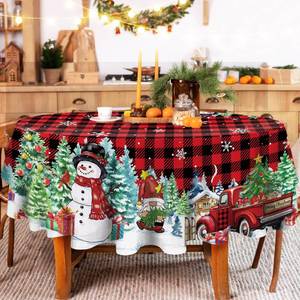lot 8192 image: Christmas Round Tablecloth 70 Inch, Merry Christmas Decorations Snowman Table Cloth for Round Red Truck, Xmas Decor Gnomes Red Buffalo Plaid Tablecloths Polyester Vintage for Picnic Party Dinner