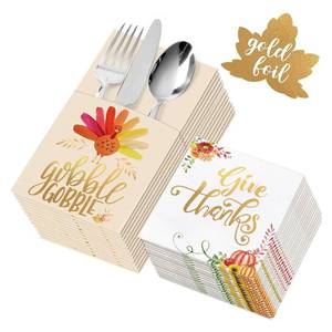 lot 8195 image: Thanksgiving Napkins - 54 Pack Gold Foil Napkins Paper (36 Pcs) with Cutlery Holders (18 Pcs) - Give Thanks Table Decorations for Autumn Fall Harvest Wedding Dinner Party Disposable Centerpiece Decor