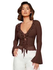 lot 8209 image: GORGLITTER Womens Bell Sleeve Tie Front Mesh Tops Sheer Cardigan Ruffle Going Out Concert Western Vintage Blouse Shirt Chocolate Brown Medium